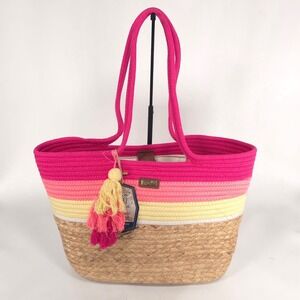 Sun n Sand Beach NEW Tote Handbag Natural Straw CE6576A Fuchsia Inner Zip Pocket